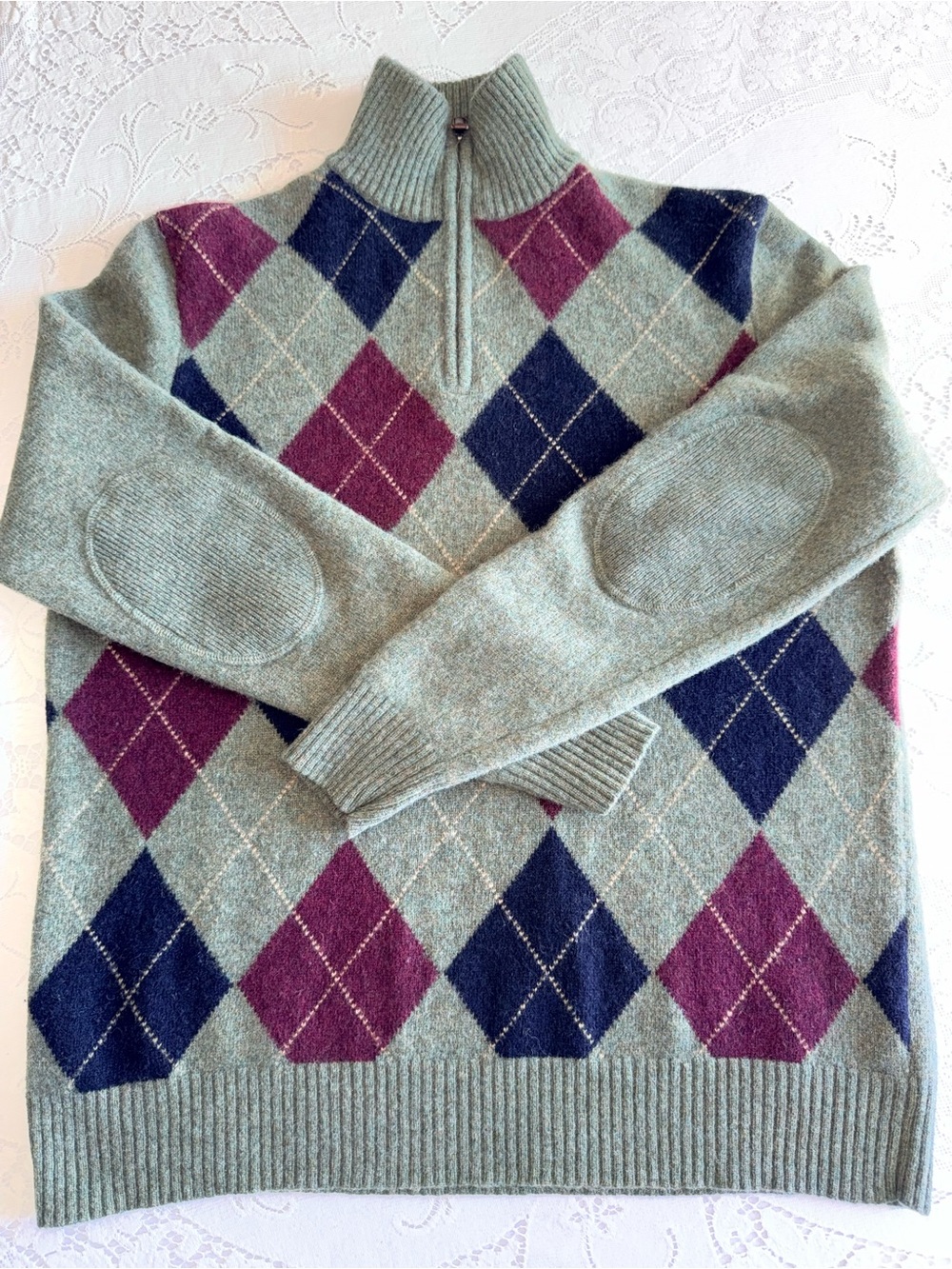 J.Crew Men’s XL Argyle Quarter Zip Sweater 100% Lambswool Green Purple Patches